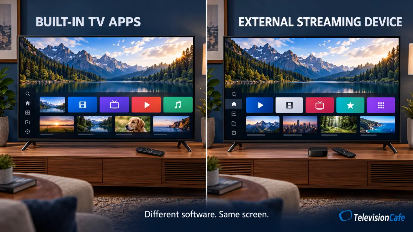 Built in smart TV apps compared with an external streaming device Built in smart TV apps compared with an external streaming device